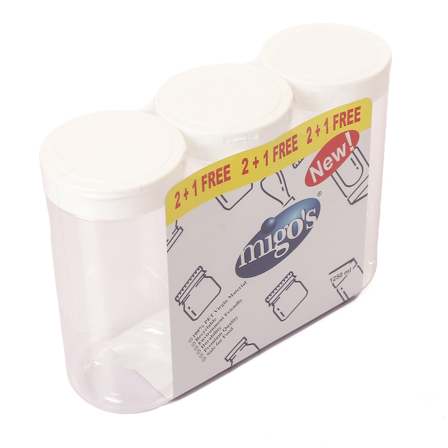 Migo's 1250Ml White Plastic Jars (2+1 Free) 3 Per Pack