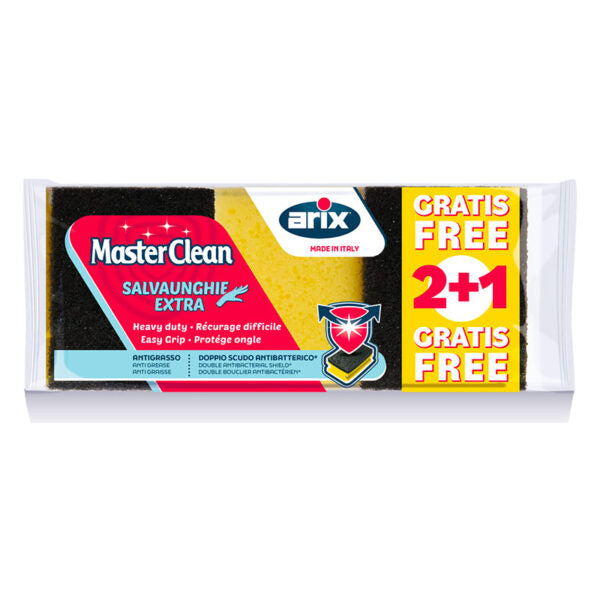 Masterclean Heavy duty sponge scourer with easy-grip and antibacterial treatment – value pack 2+1 FREE