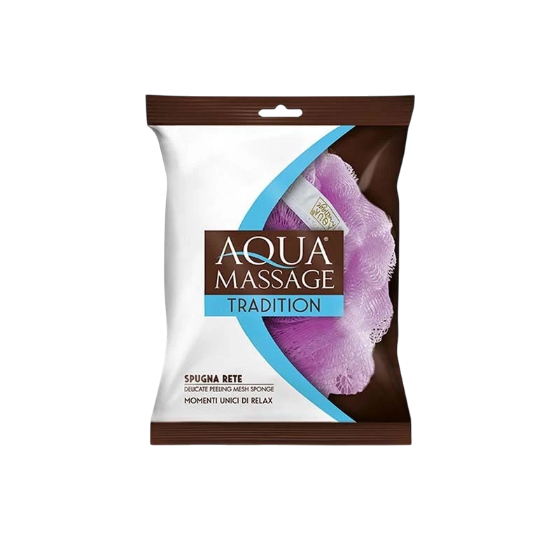 Far Trading Co. Aqua Massage mesh bath sponge in purple, packaged in a protective plastic bag for gentle exfoliation.