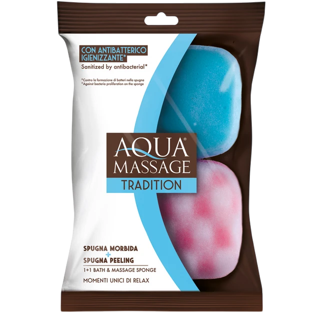 Far Trading Co. Aqua Massage soft peeling bath sponges in blue and pink, packaged in a hygienic plastic bag.