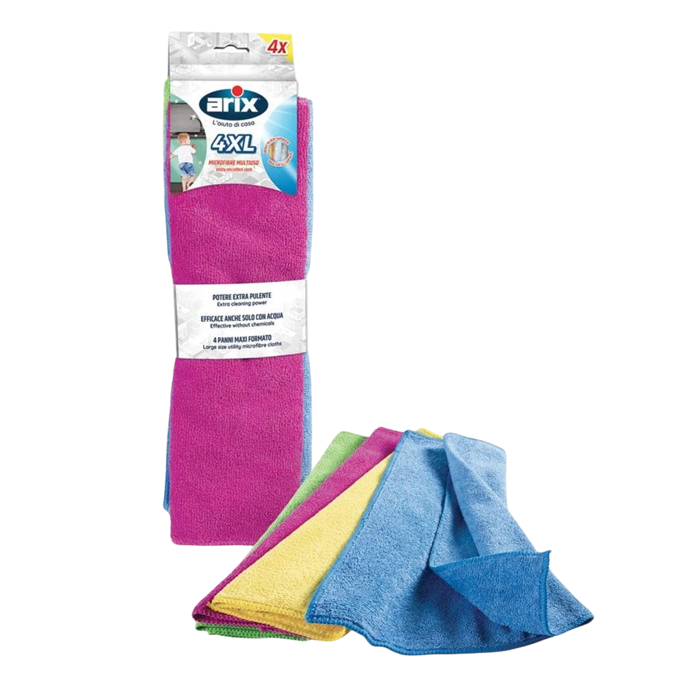 Far Trading Co. Arix 4 anti-bacterial microfibre cloths in assorted pink, yellow, green, and blue colours.