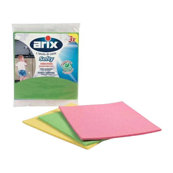 Far Trading Co. Arix Softy cellulose sponge cloths in pink, yellow, and green, pack of three for household cleaning.