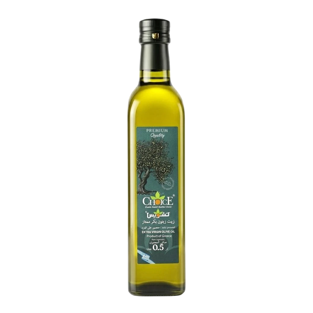 Far Trading Co. Choice Greek extra virgin olive oil in a 500ml glass bottle with a decorative olive tree label.