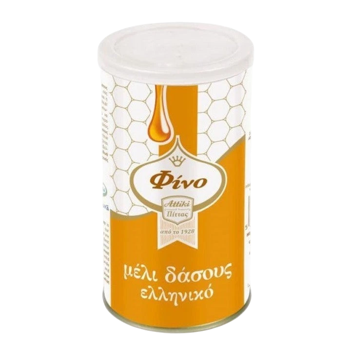 Far Trading Co. Fino Greek forest honey in a 455g cylindrical container with an easy-open lid and honeycomb design.