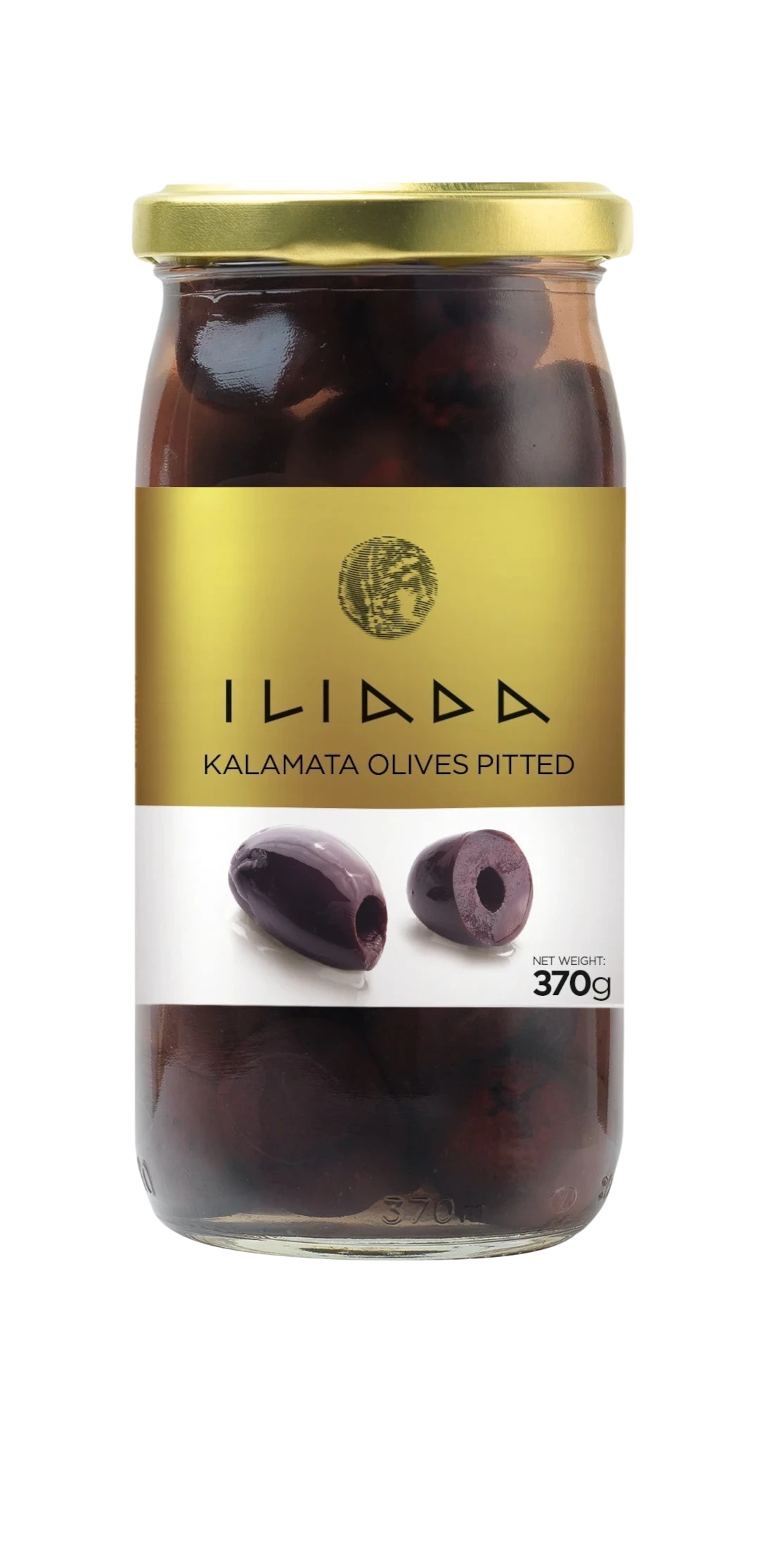 Far Trading Co. Illiada pitted Kalamata olives in a 370g glass jar with a gold label and lid.