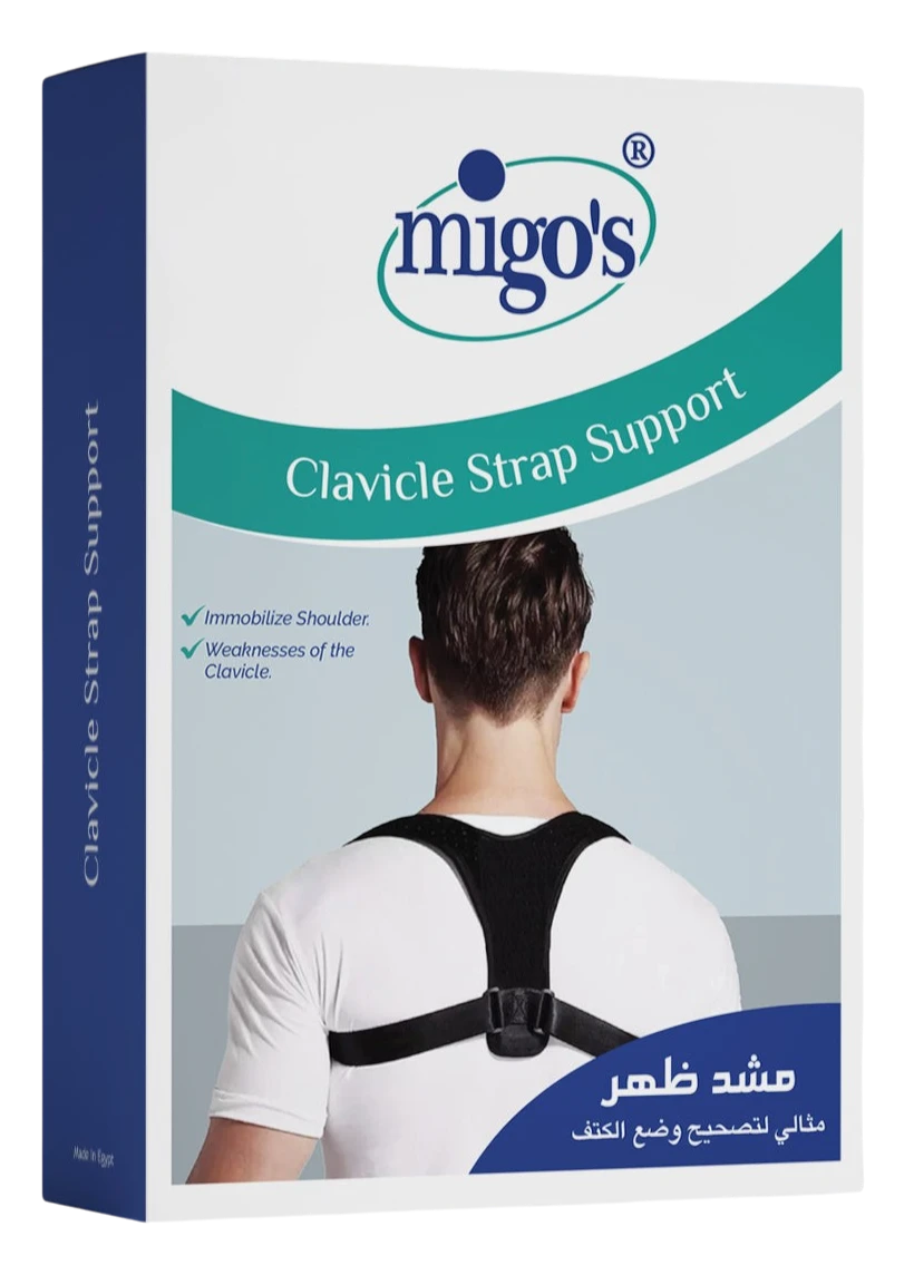 Far Trading Co. Migo clavicle strap support in black, worn by a man to immobilize the shoulder and improve posture.