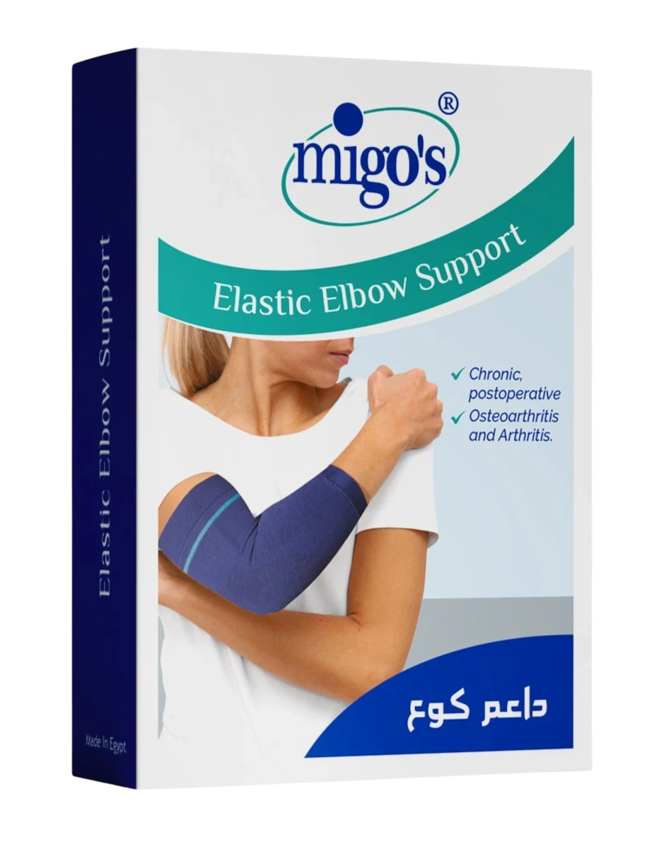 Far Trading Co. Migo s blue elastic elbow support sleeve in packaging for chronic pain and arthritis relief