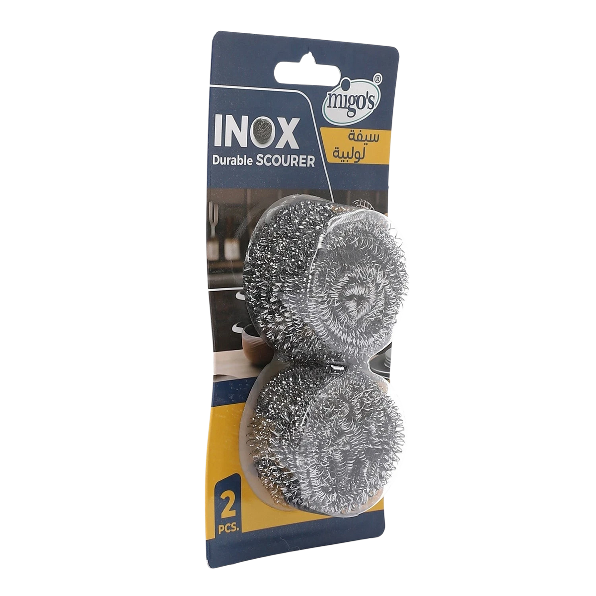 Far Trading Co. Migo s stainless steel scourers in a 2-piece blister pack for heavy-duty kitchen cleaning
