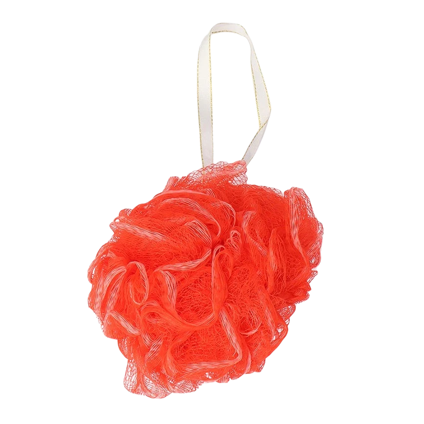 Far Trading Co. red mesh shower loofah with a white hanging loop for bath and body exfoliation