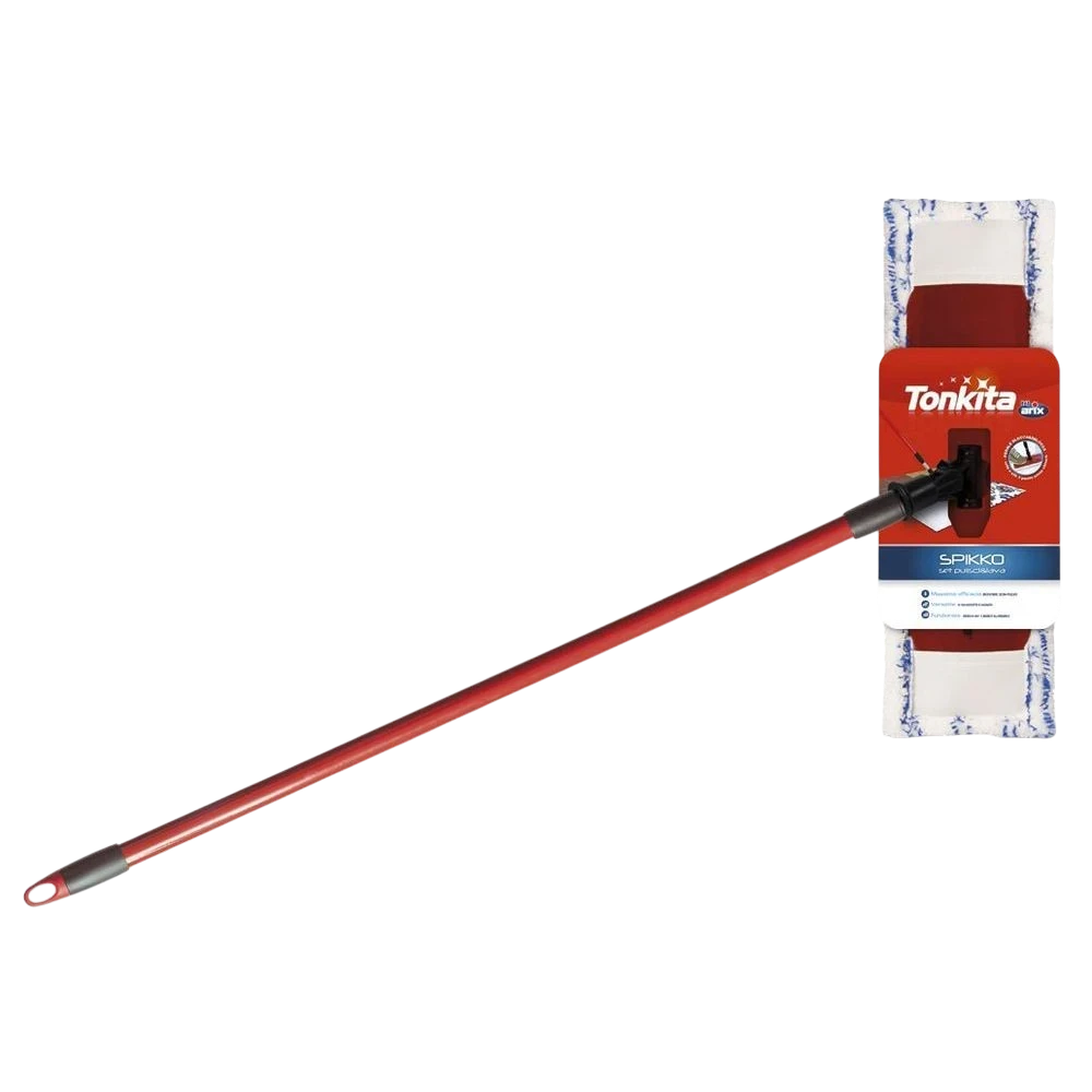 Far Trading Co. Tonkita telescopic ceramic squeegee with a long red handle and white microfiber cleaning pad