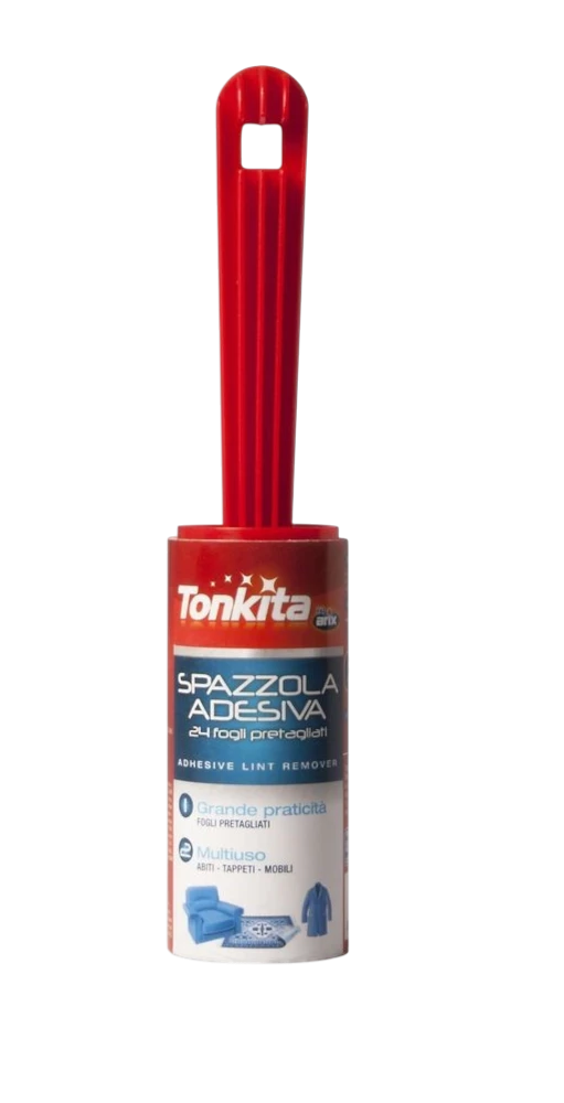 Far Trading Co. Tonkita Magic Clothes Brush with a red handle and 24 adhesive sheets for removing lint from fabrics.
