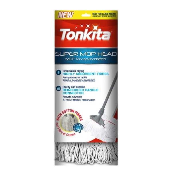 Far Trading Co. Tonkita rectangular supermop with highly absorbent white cotton fibres and a reinforced handle.
