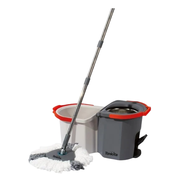 Far Trading Co. Tonkita 2-in-1 grey and white spin mop set with a stainless steel handle and dual-compartment bucket