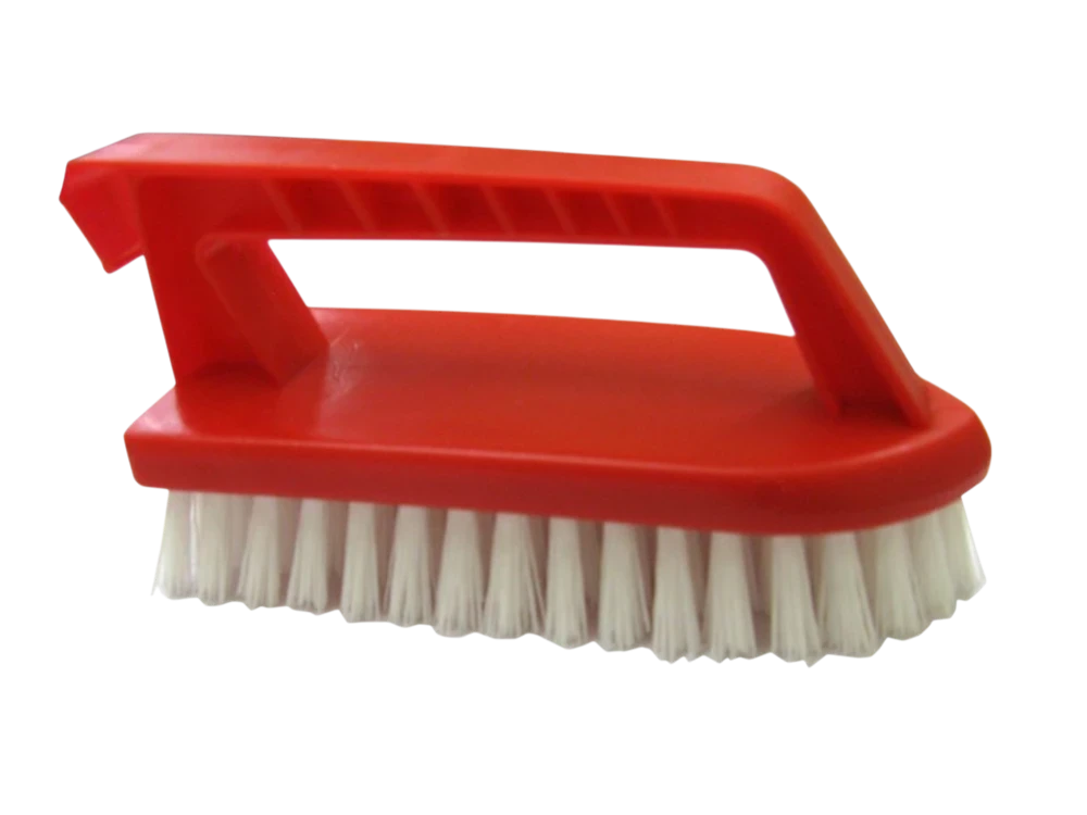 Far Trading Co. Tonkita tile brush featuring a bright red plastic handle and durable white nylon scrubbing bristles.
