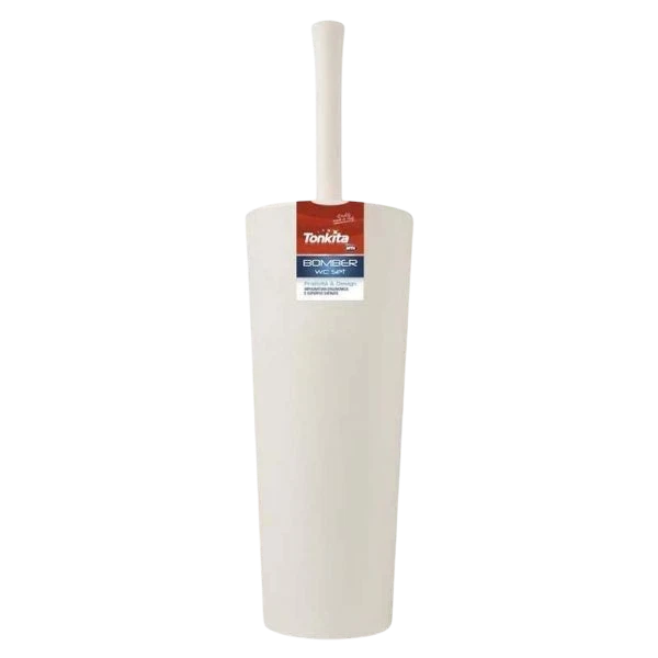 Far Trading Co. Tonkita white plastic toilet brush set with a tall, sleek storage base for bathroom hygiene.