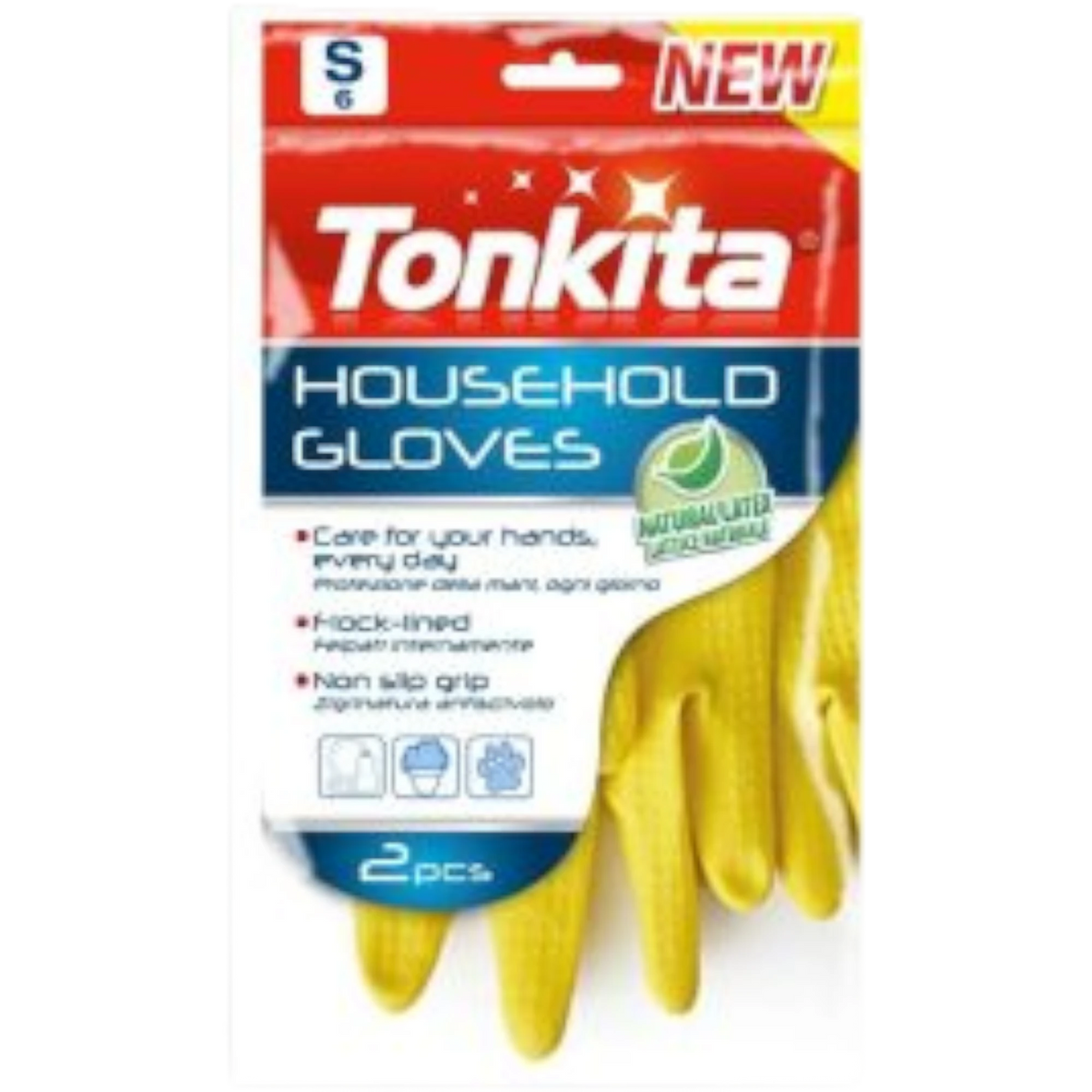 Far Trading Co. Tonkita yellow natural latex household gloves, size small, featuring a non-slip grip and flock lining.