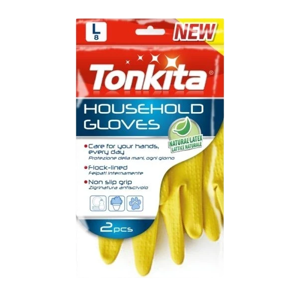 Far Trading Co. Tonkita yellow flock-lined natural latex household gloves in size large packaging