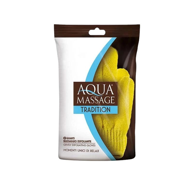 Far Trading Co. Aqua Massage exfoliating gloves in yellow, packaged in a brown and white pouch.
